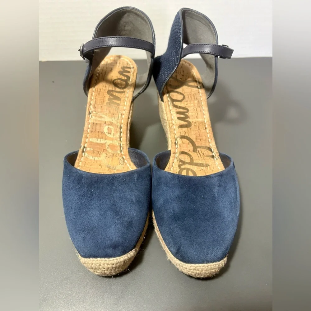 SAM EDELMAN Payton Navy Blue Suede Espadrille Wedge Sandals